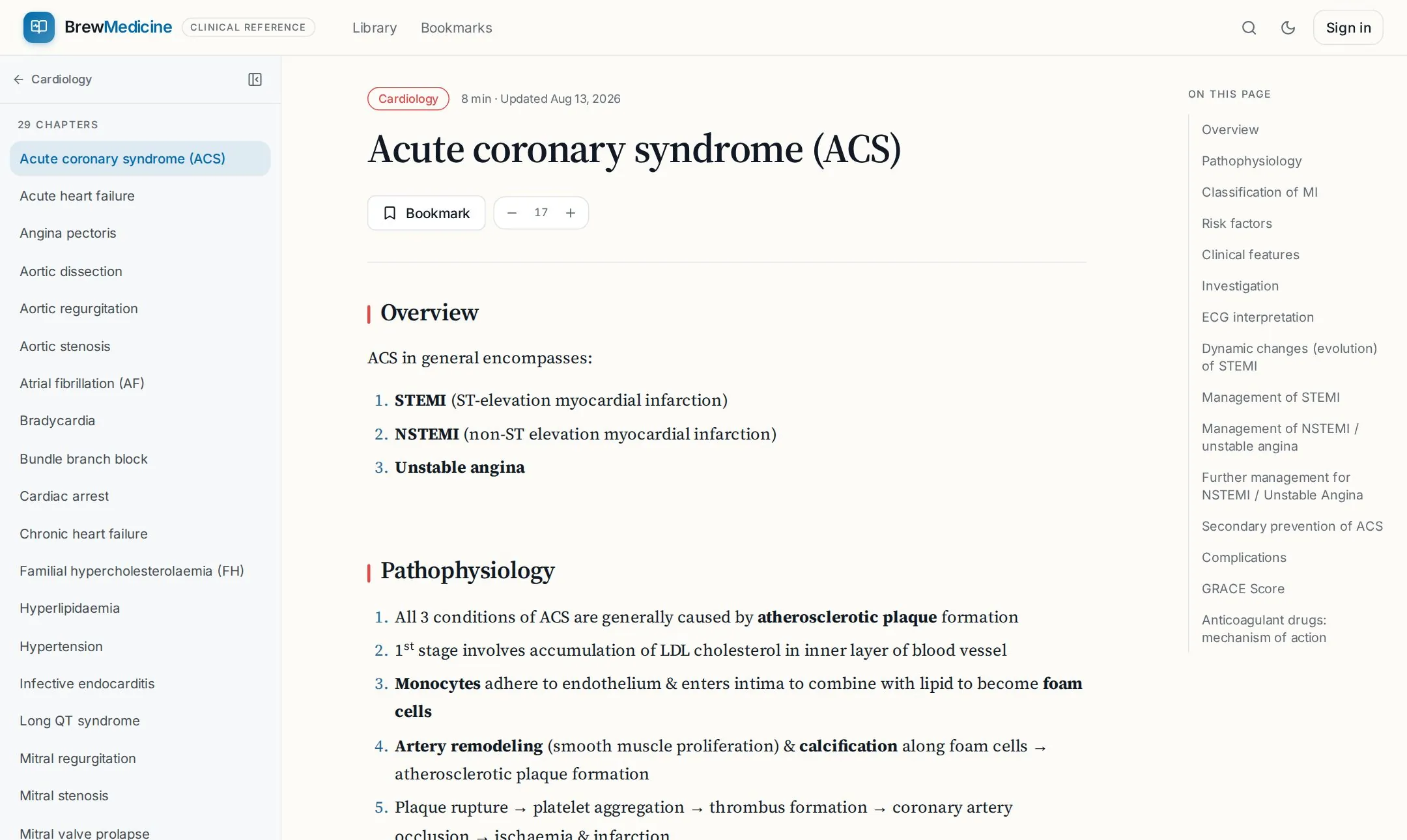 The Acute coronary syndrome (ACS) chapter on BrewMedicine: the Cardiology chapter list on the left, the start of the chapter in the middle, and its list of sections on the right.